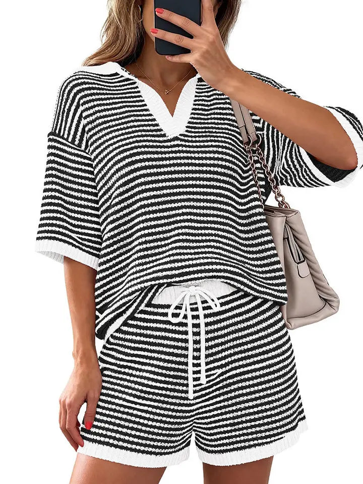 Womens Striped Knit Lounge Set V Neck Top Shorts