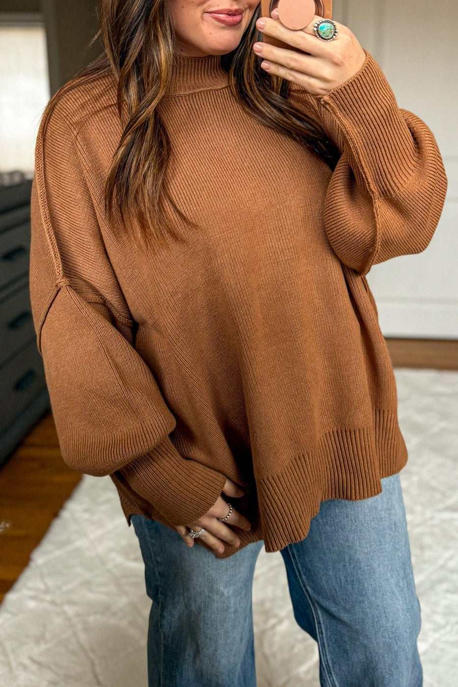 Oversized Ribbed Knit Long Sleeve Tunic Plus Size Sweater