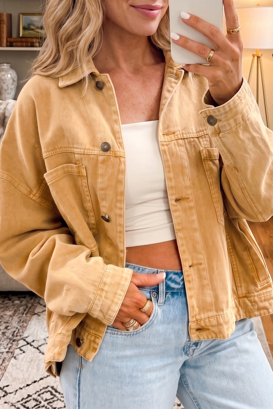 Metal Button Front Long Sleeve Collar Denim Jacket
