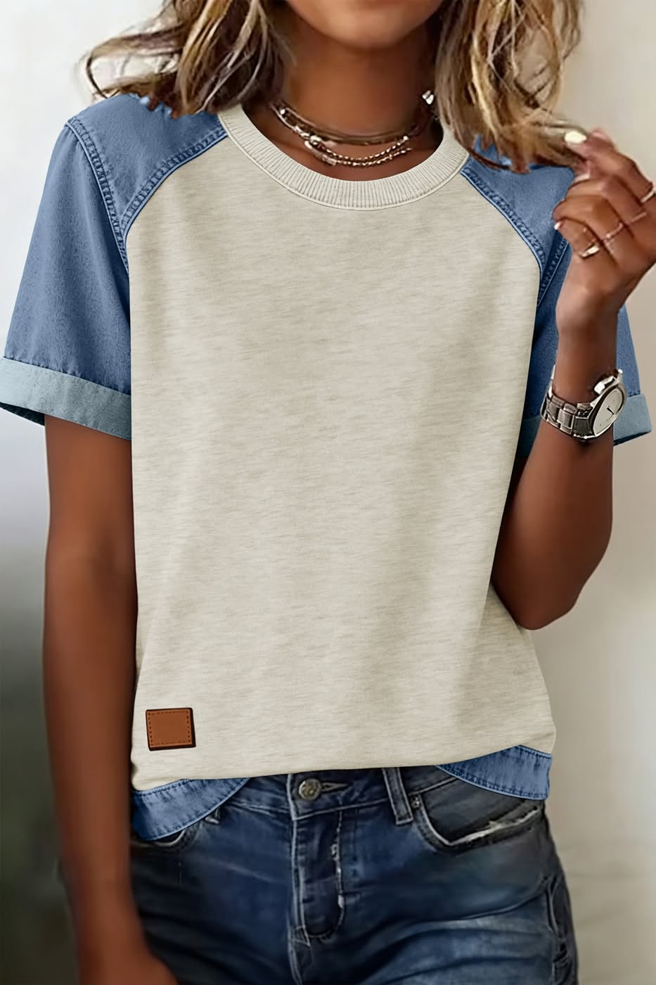 Denim Color Block Patchwork Round Neck Tee
