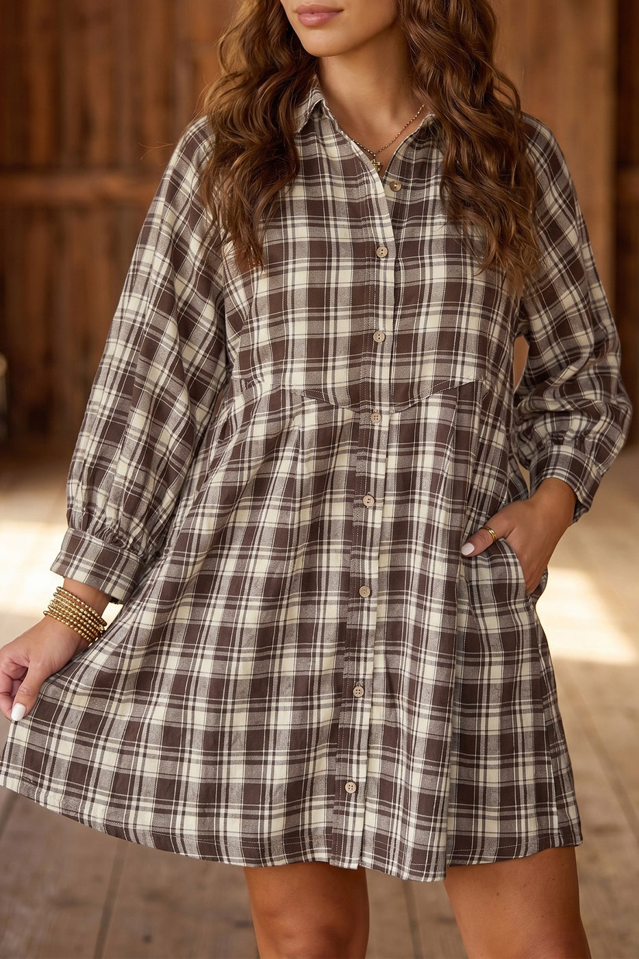 Brown Plaid Long Sleeve Short Shift Dress