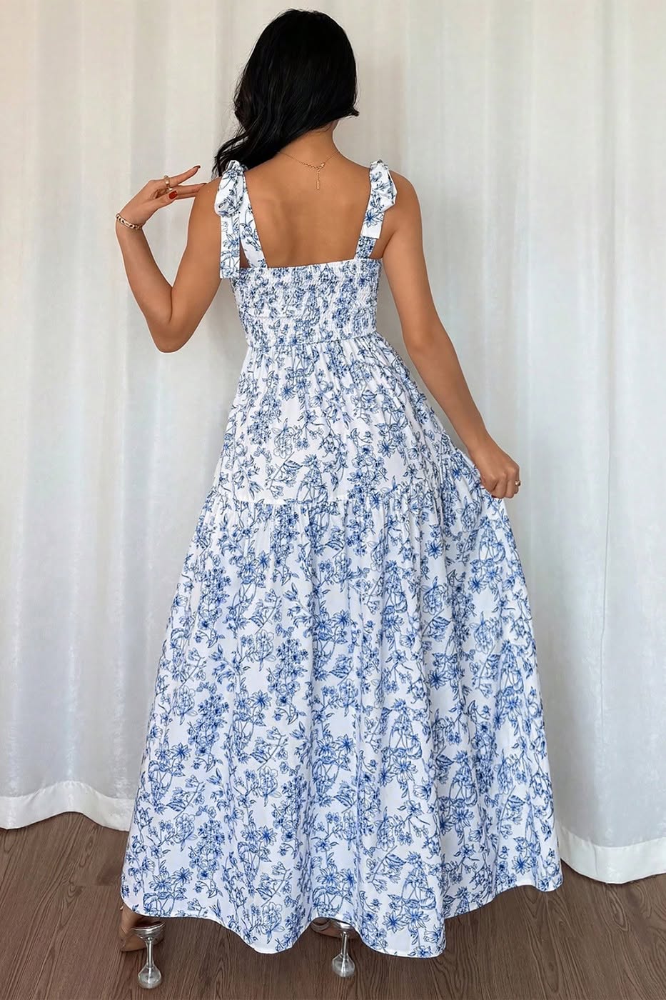 Floral Print Knot Straps High Waist Flared Maxi Dress