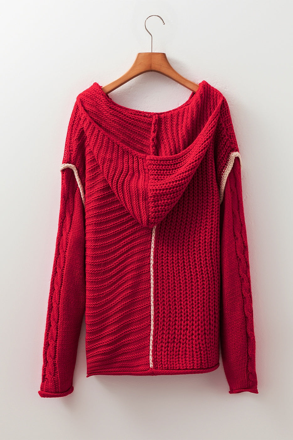 Contrast Trim Textured Knit Drawstring Hooded Sweater