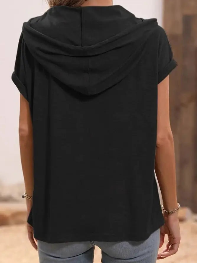 Short Sleeves Plain Buttoned Jersey Hoody
