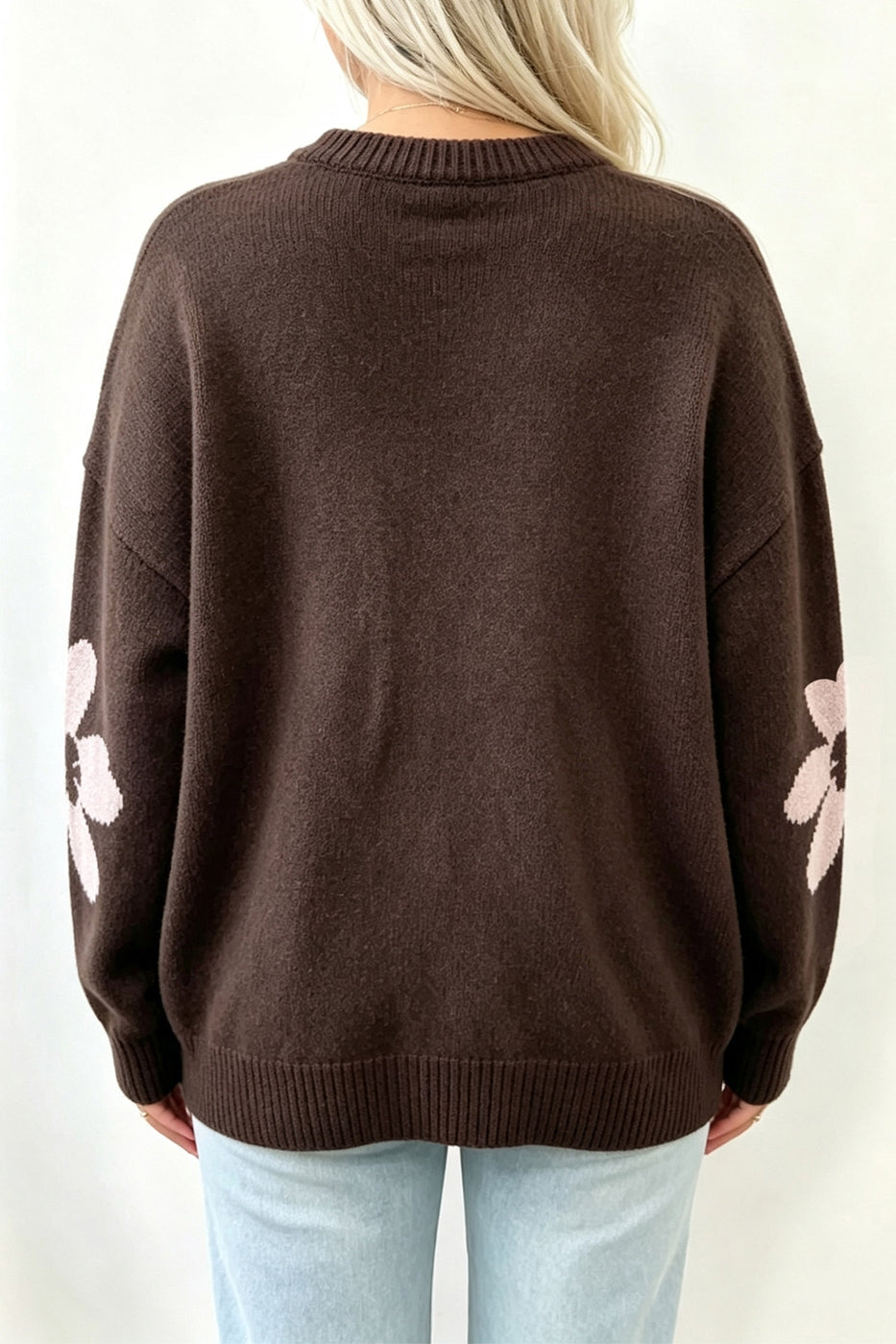 Cozy Floral Print Round Neck Dropped Shoulder Casual Sweater