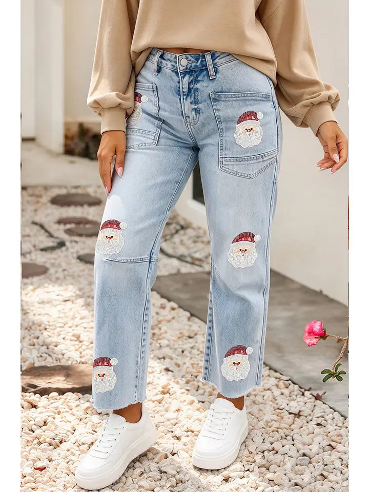 Christmas Real Sequin Santa Patchwork Ankle-Length Jeans