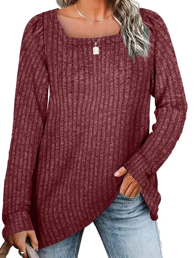 Fall Square-Neck Rib Knit Long-Sleeve Top
