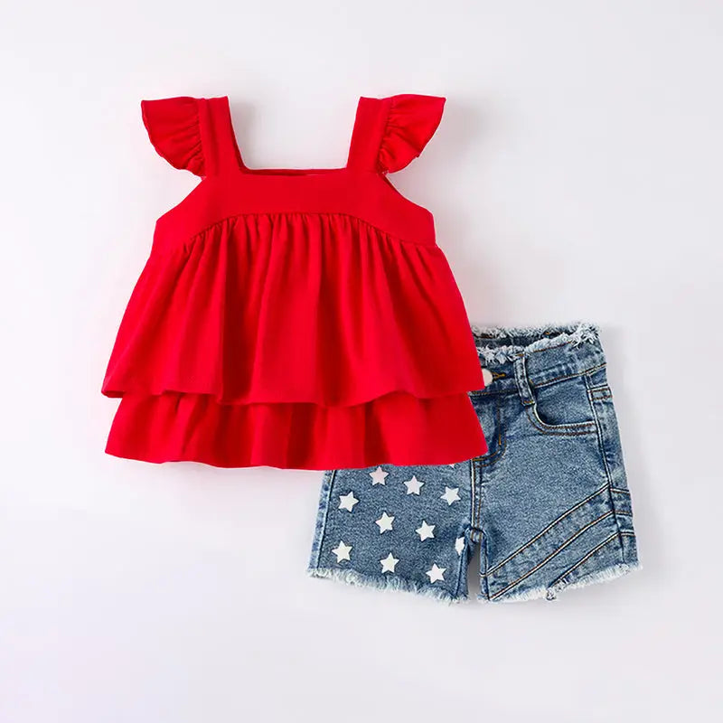 Girls Summer Red Ruffled Top Denim Short Set