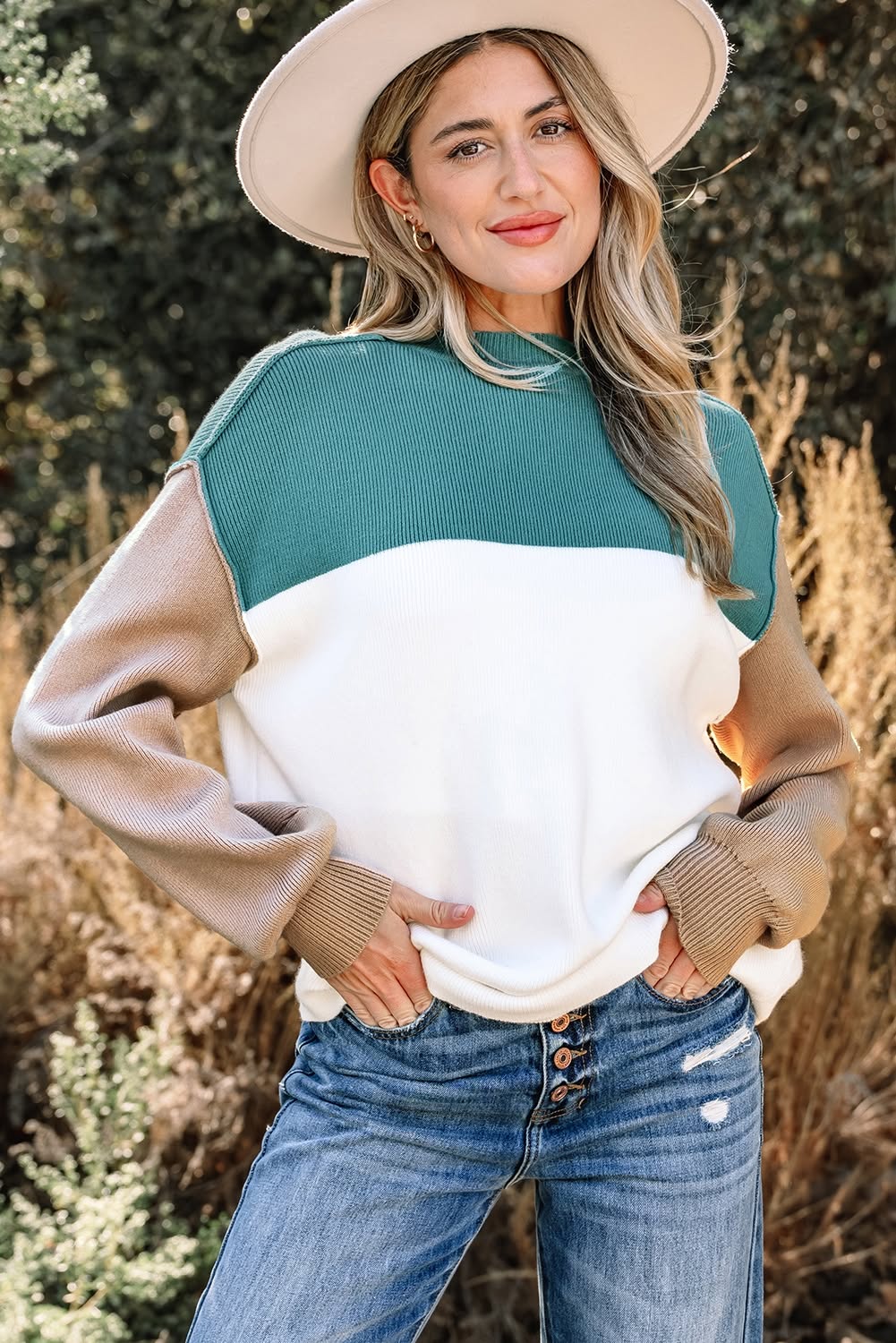 Color Block Ribbed Knit Oversized Sweater