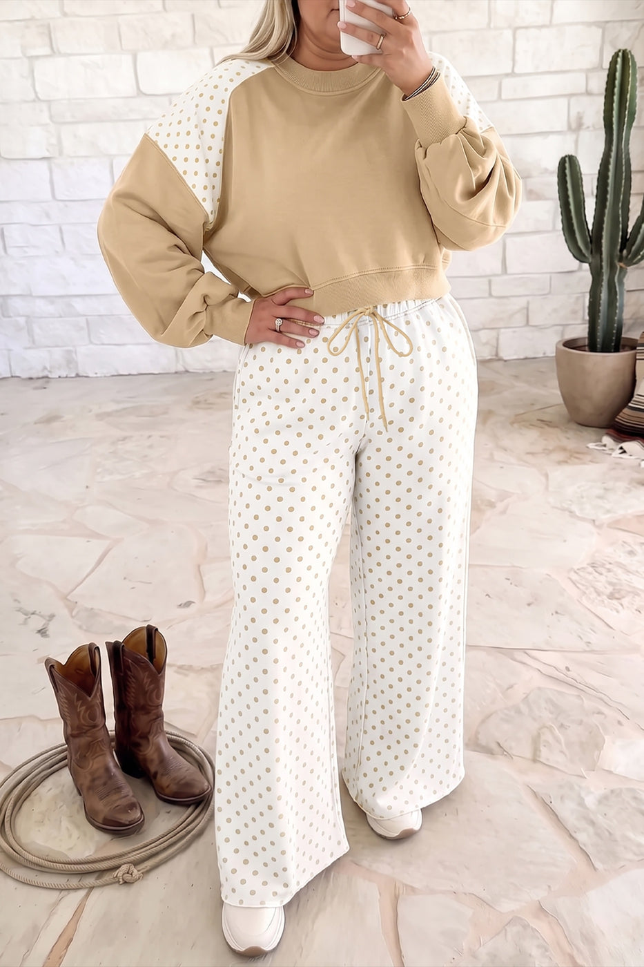 Color Block Contrast Polka Dot Long Sleeve Top Drawstring Pants Set