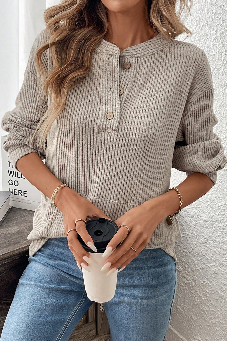 Ribbed Textured Henley Knit Top
