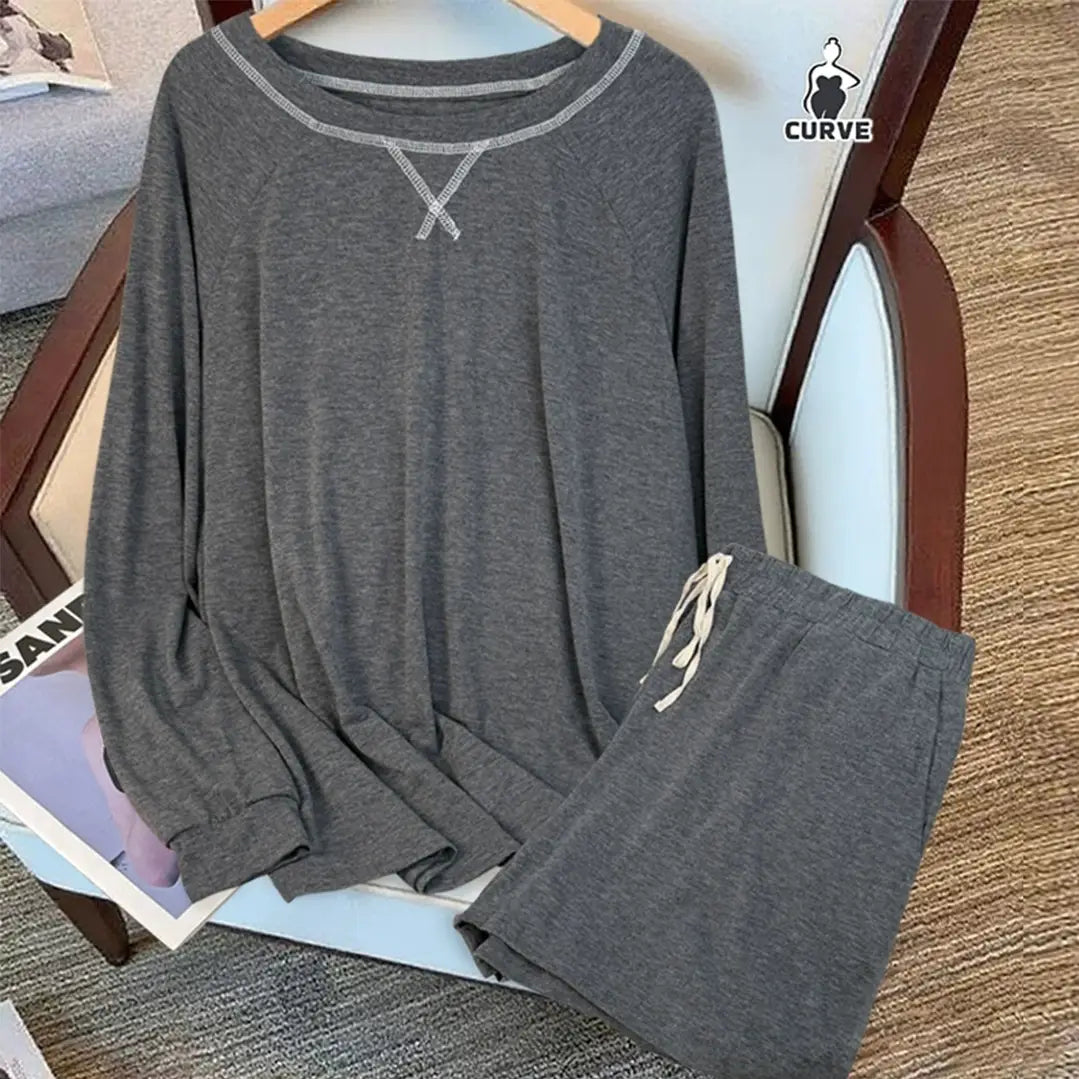 Casual Gray Simple Long Sleeve Top and Loose Pants Set