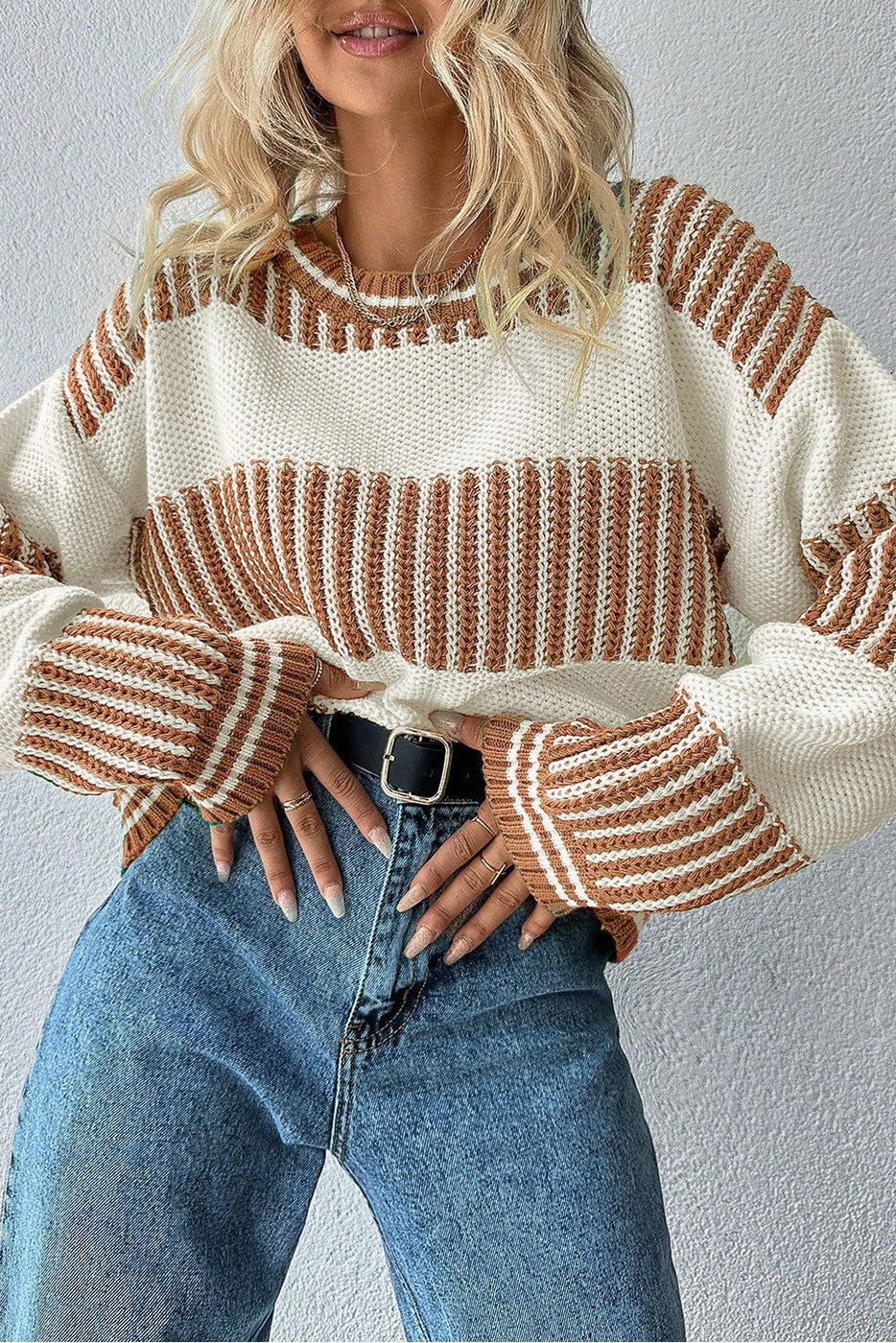 Two Tone Striped Patchwork Drop Shoulder Sweater