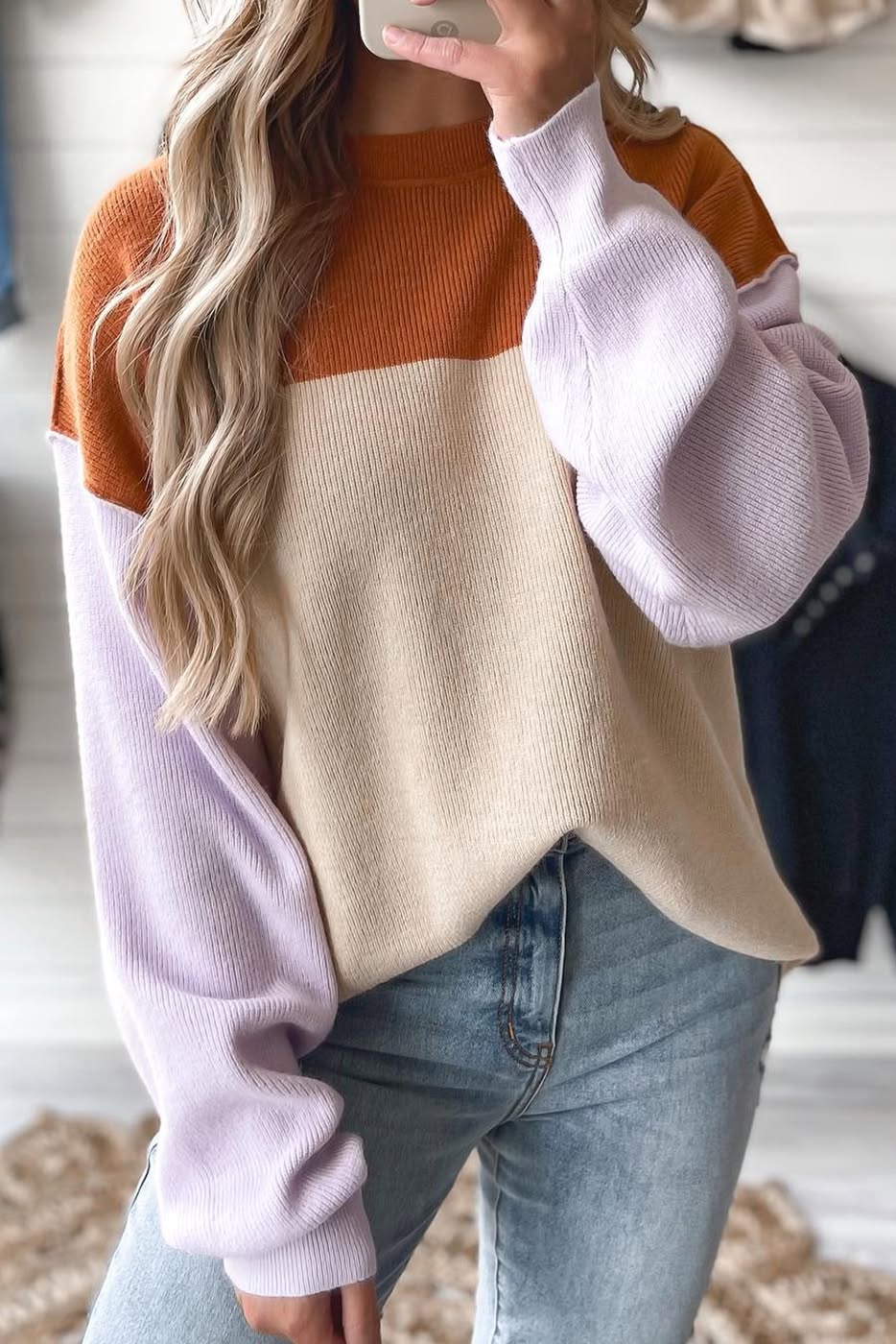 Color Block Ribbed Knit Oversized Sweater