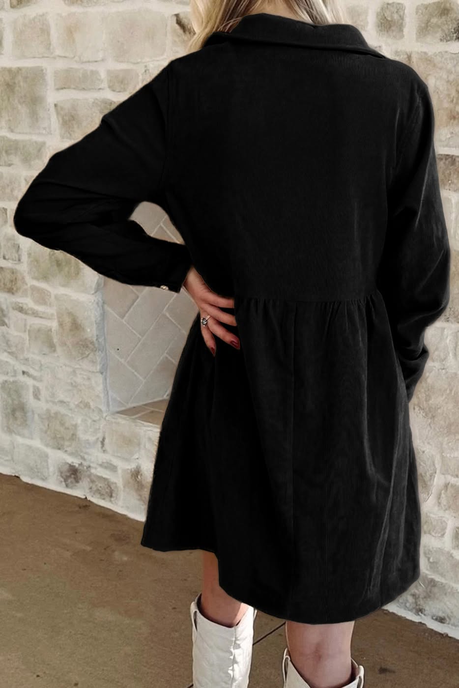 Corduroy Half Button Collared Long Sleeve Dress