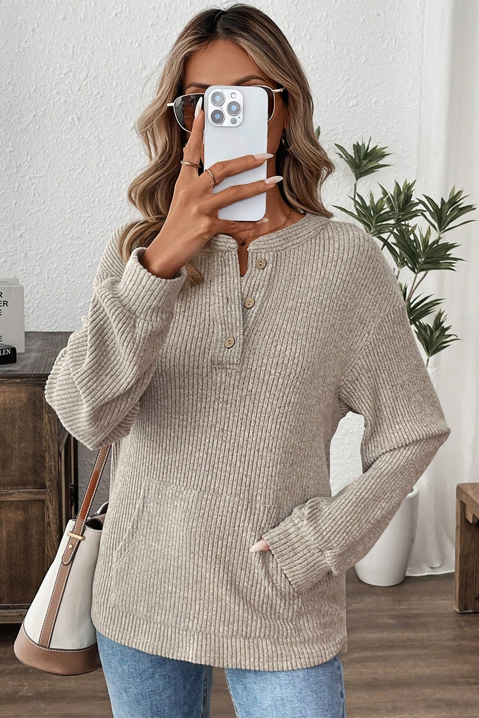 Ribbed Textured Henley Knit Top