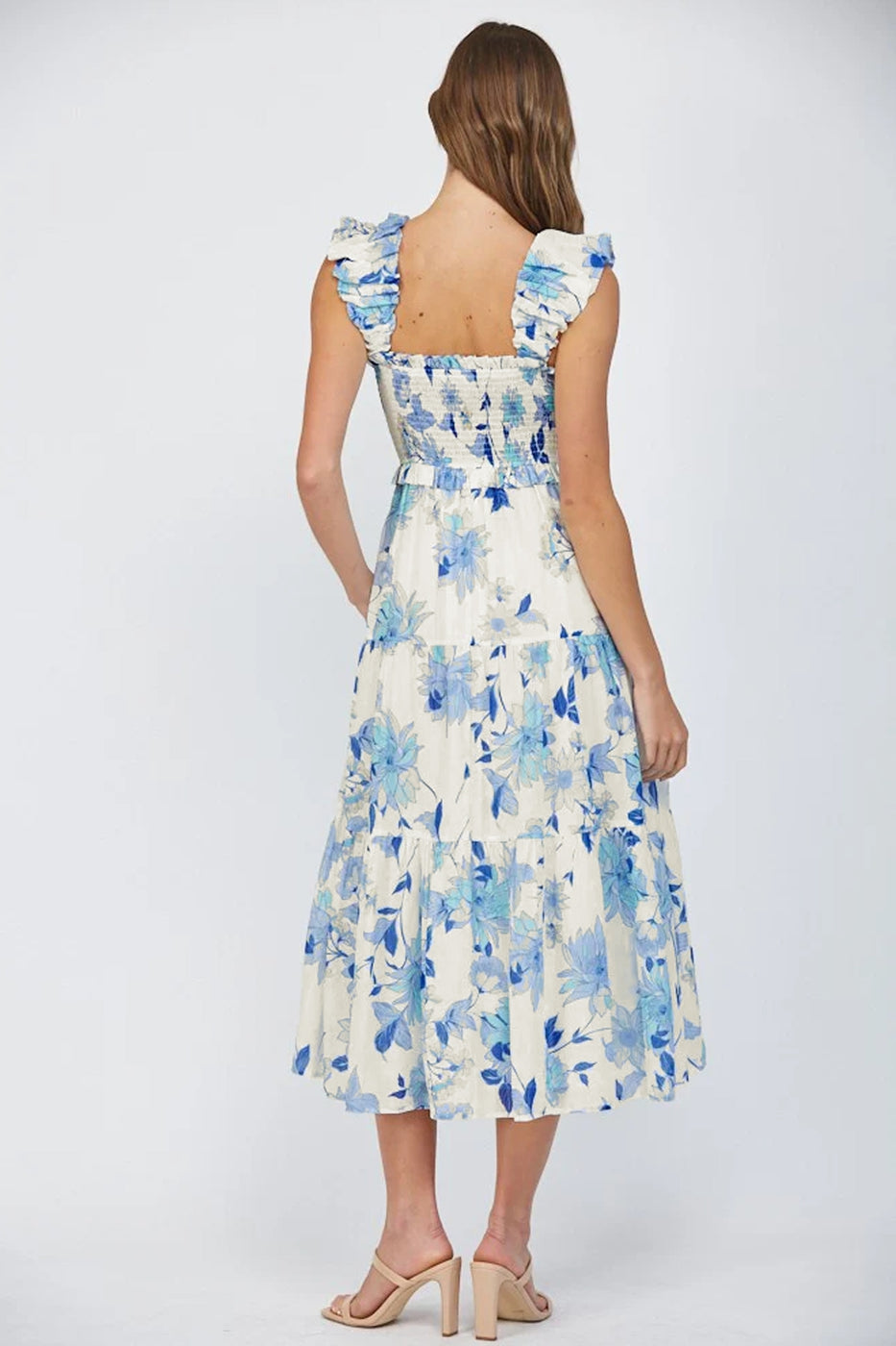 Ruffled Straps Smocked High Waist Floral Maxi Dress