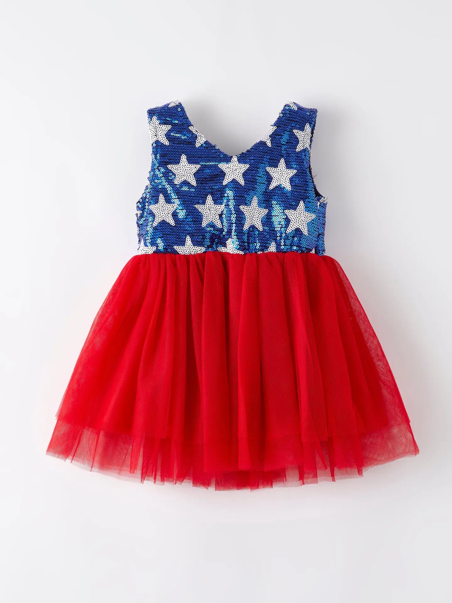 Girls 4th of July Blue Star Sequins Red Tulle Dress