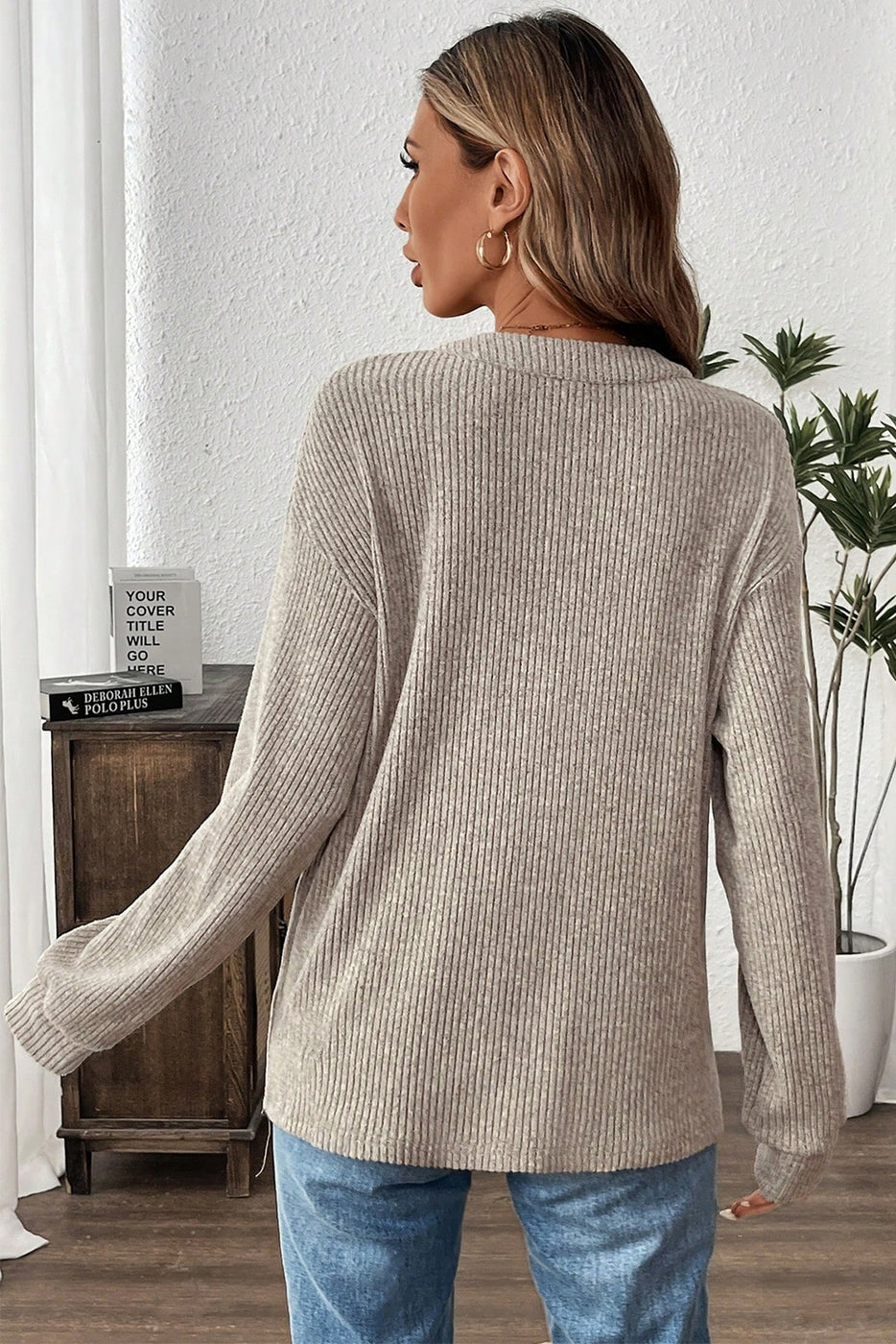 Ribbed Textured Henley Knit Top