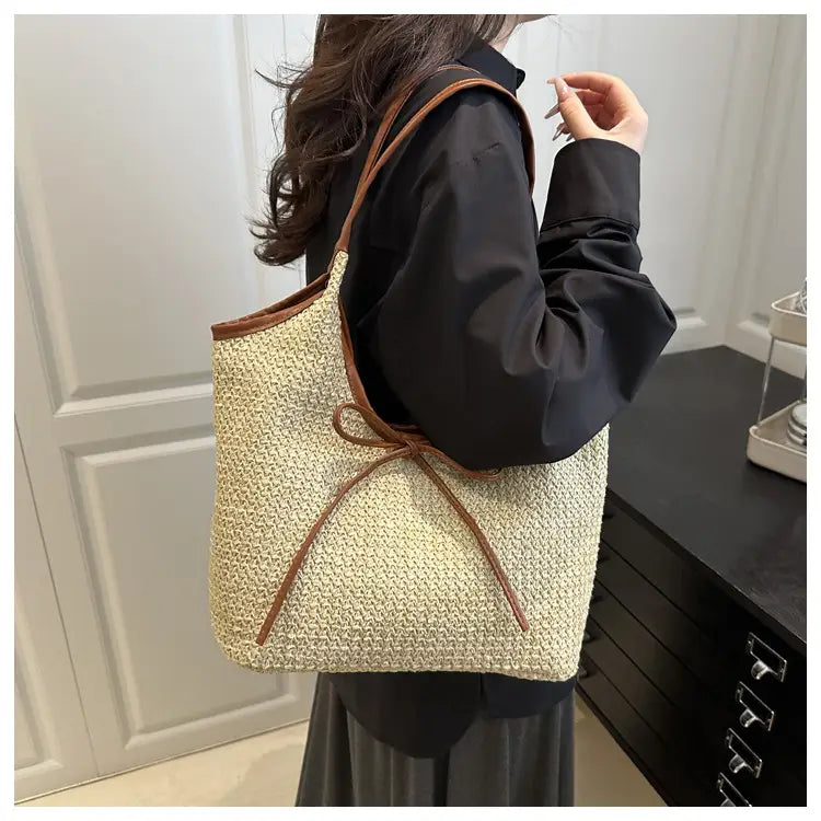 Vacation Straw Large Capacity Beach Bow Tote Bag