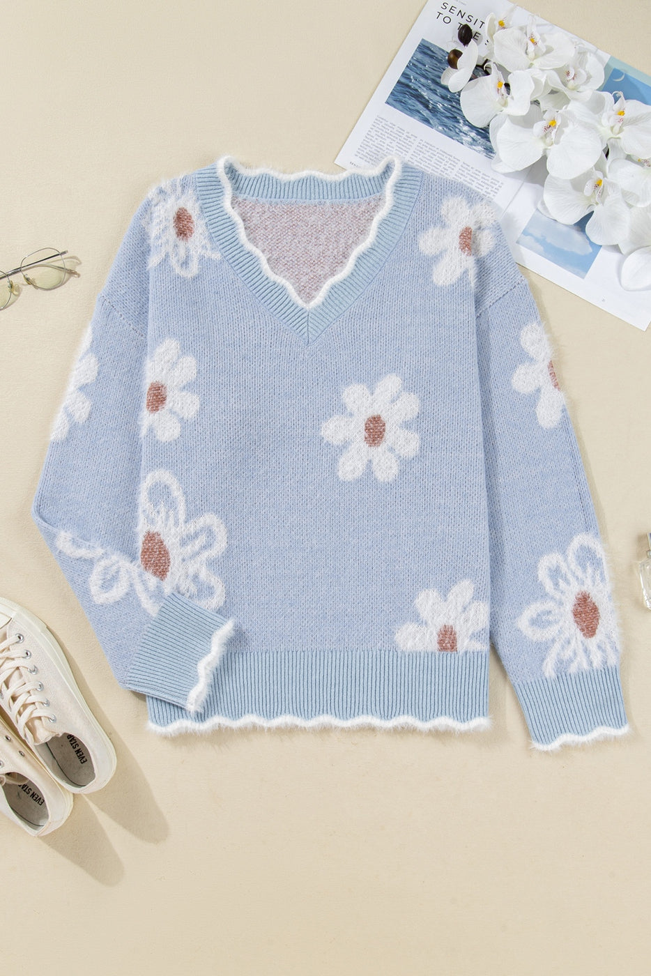 Fuzzy Flower Sweater - Curvy