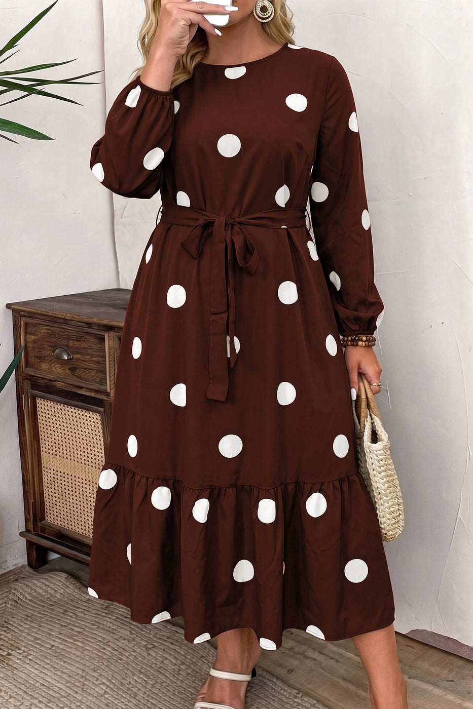 Polka Dot Ruffled Hem Long Sleeve Tie Waist Plus Size Dress
