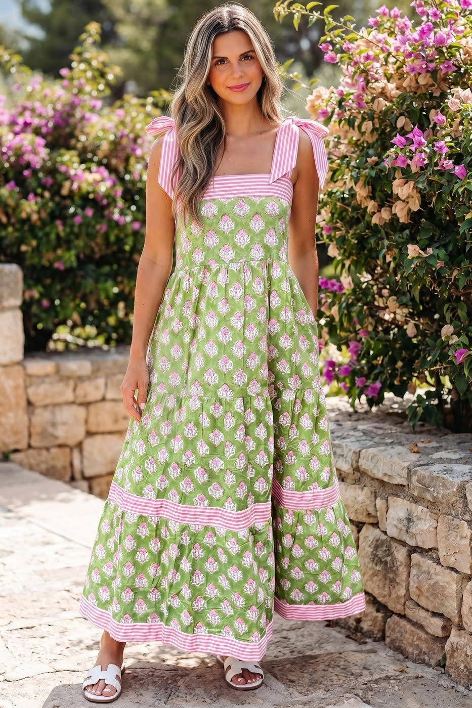 Floral Print Striped Detail Knot Straps Maxi Dress