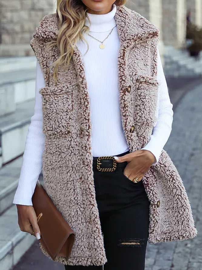 Front Open Button Up Fleece Vest Coat