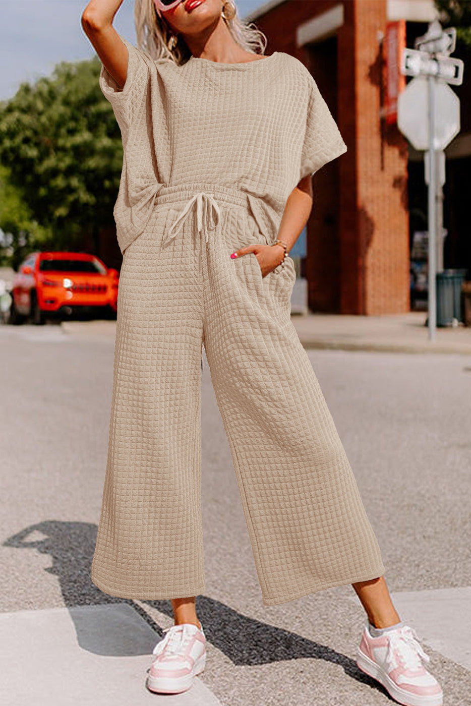 3D Lattice Texture Sporty Dolman Top Drawstring Pants Set