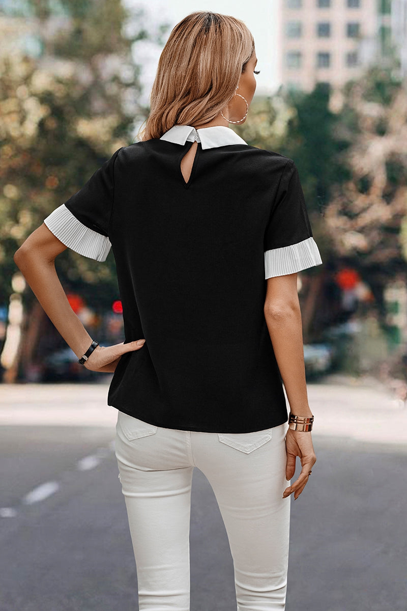 Flounce Sleeve Black & White Blouse
