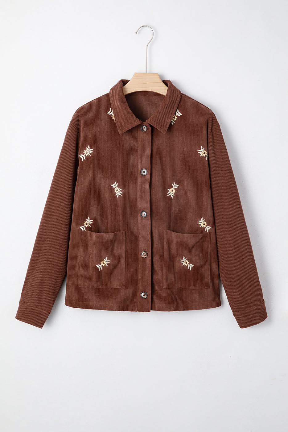 Floral Embroidered Collar Button Front Corduroy Jacket