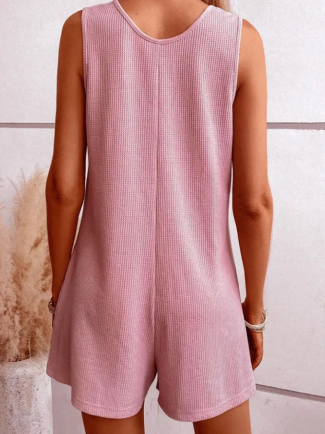 Pink Waffle Sleeveless Pockets Romper