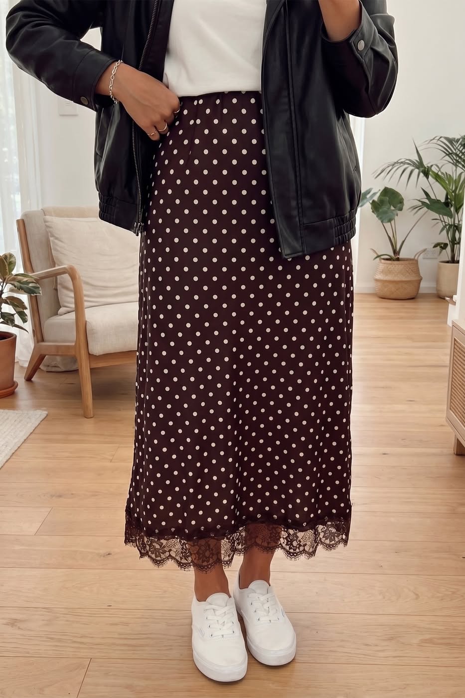 Polka Dot Lace Hem Long Shift Skirt