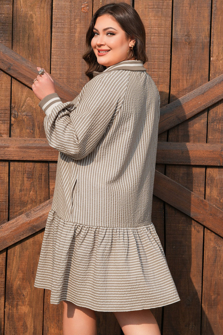 Zip up Collared PuffSleeve Ruffled Plus Size Mini Dress