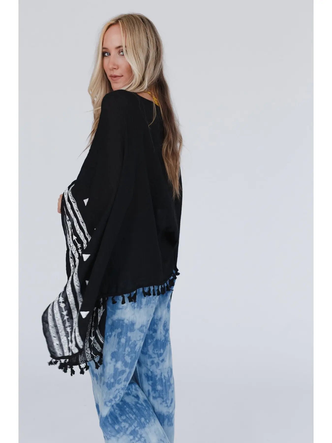 Embroidered Sleeve Tassel Poncho - Black