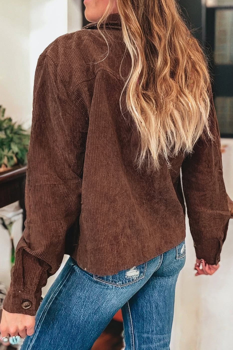 Floral Embroidered Collar Button Front Corduroy Jacket