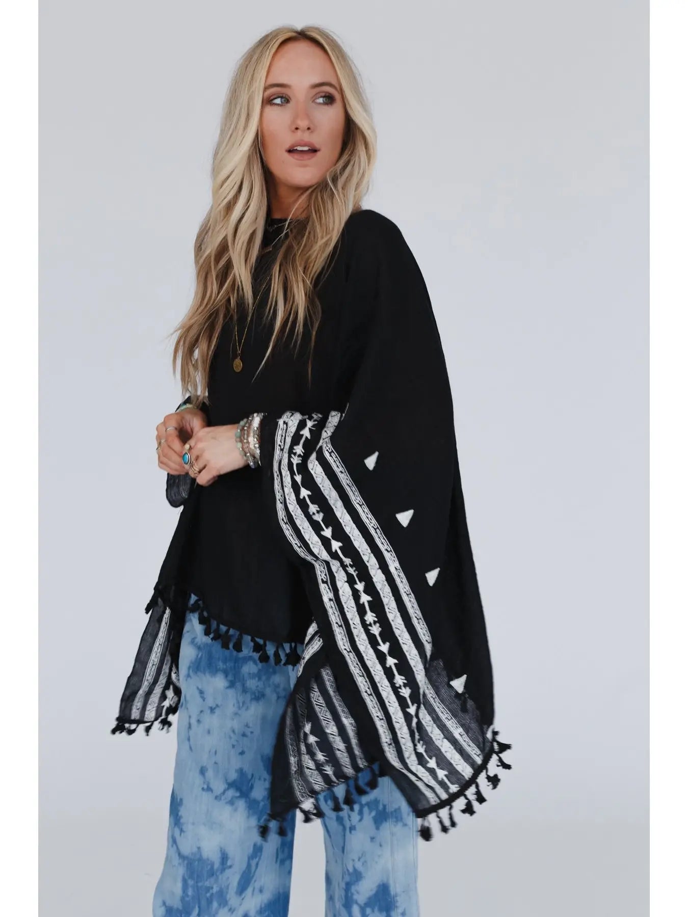 Embroidered Sleeve Tassel Poncho - Black