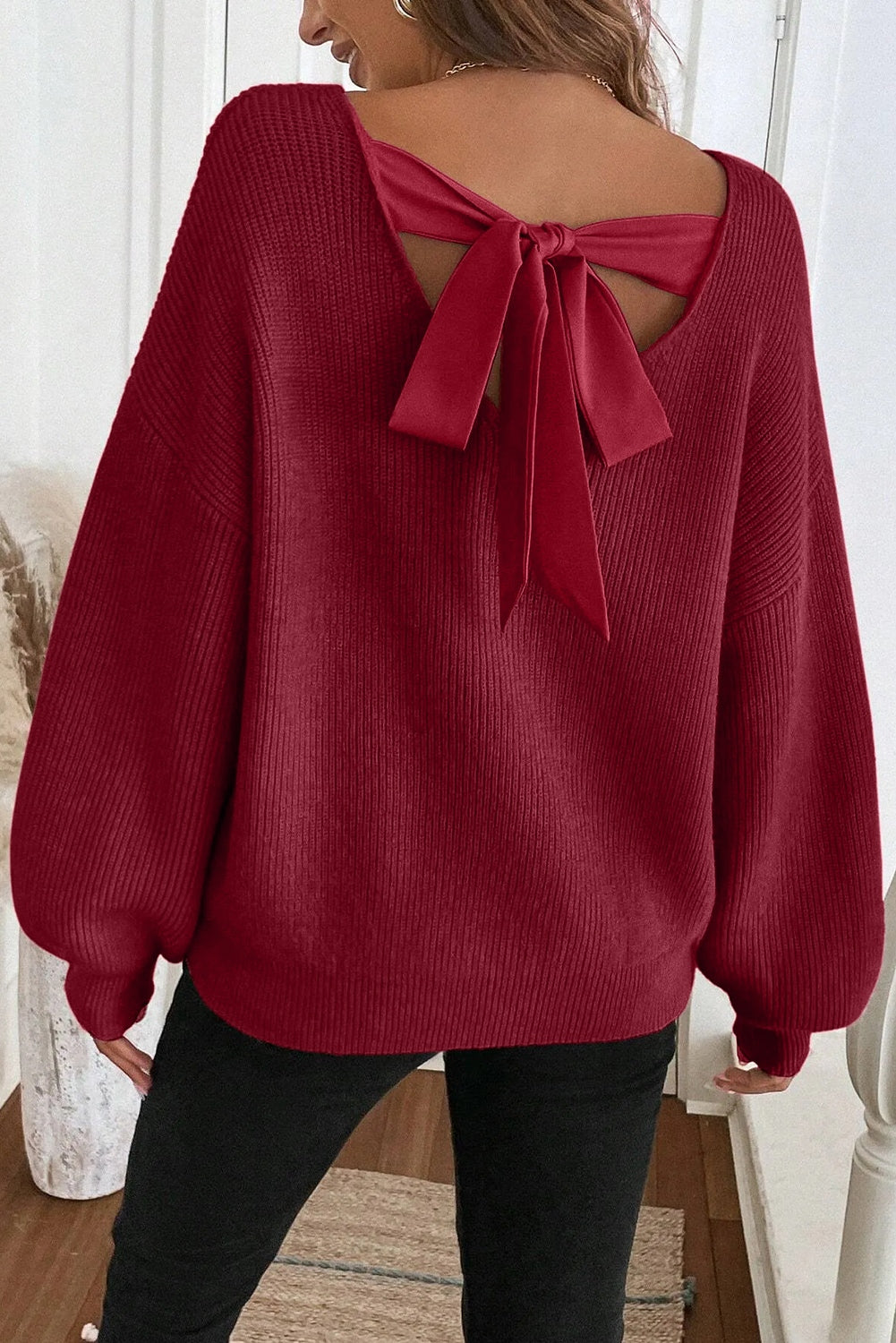 Ribbed Knit Ribbon Knot Backless Drop Shoulder Sweater