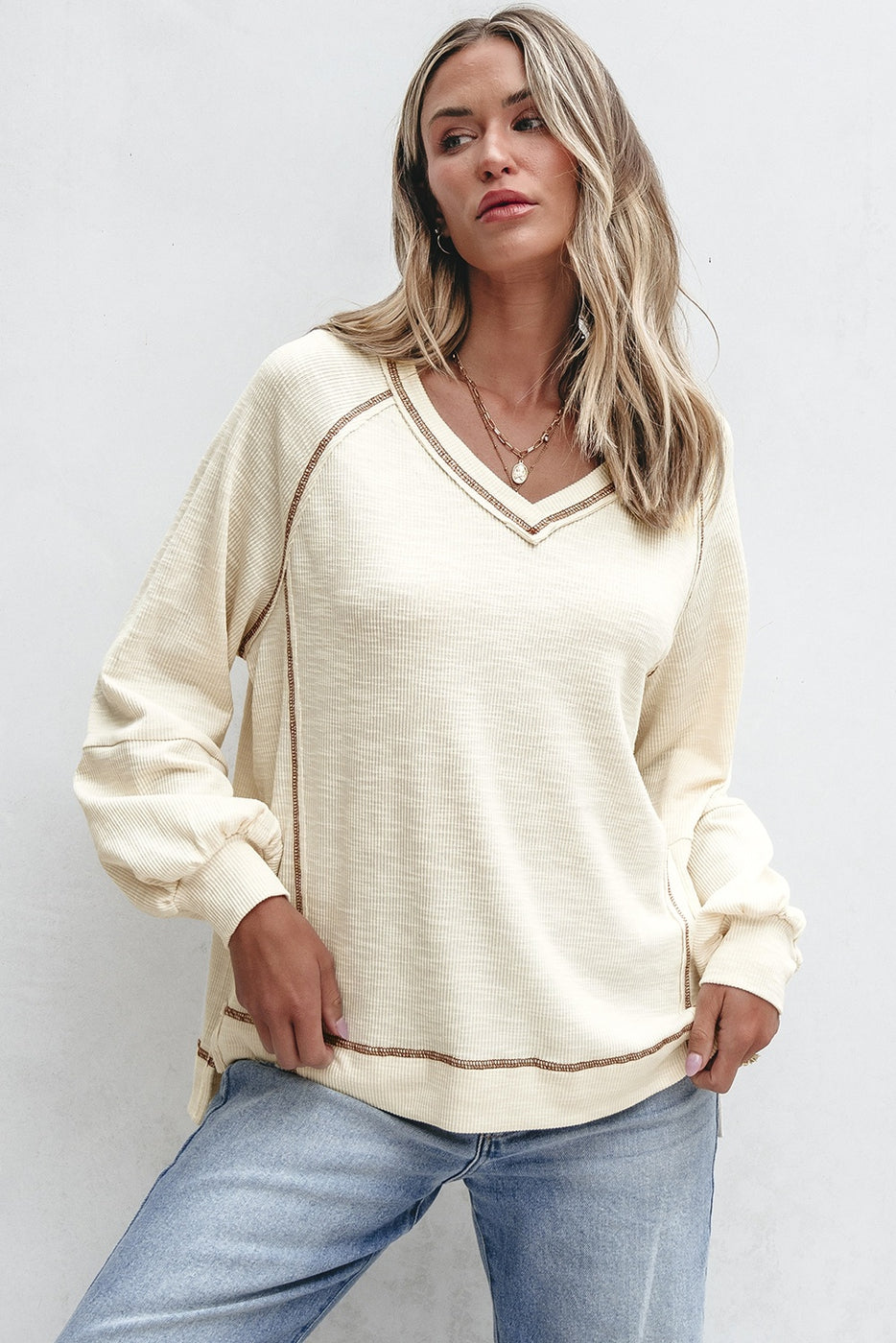 Exposed Seam Textured Knit V Neck pullover