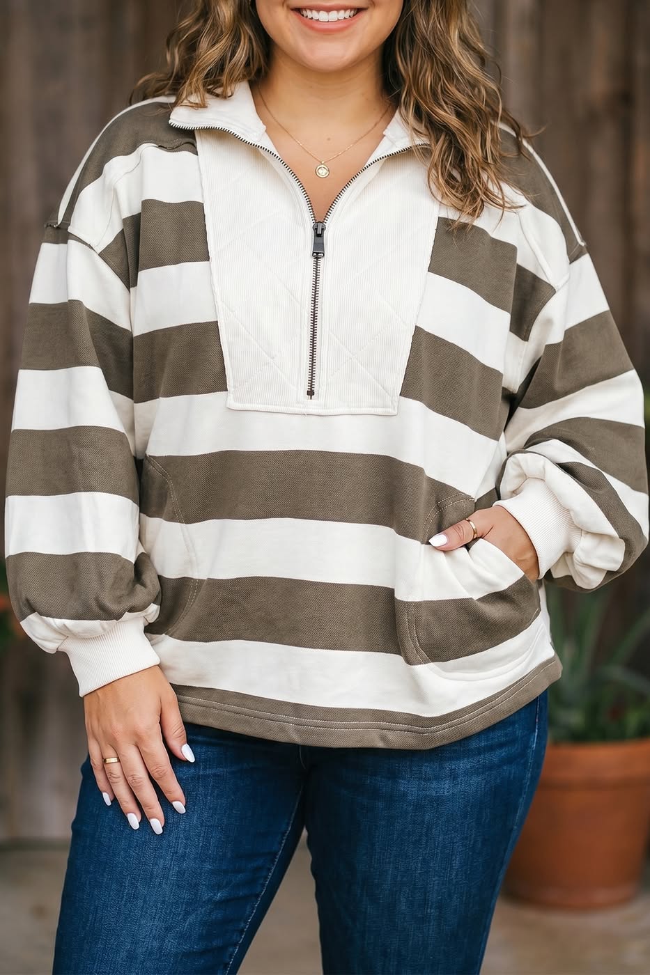 Plus-Size Stripe Half-Zip Sweatshirt