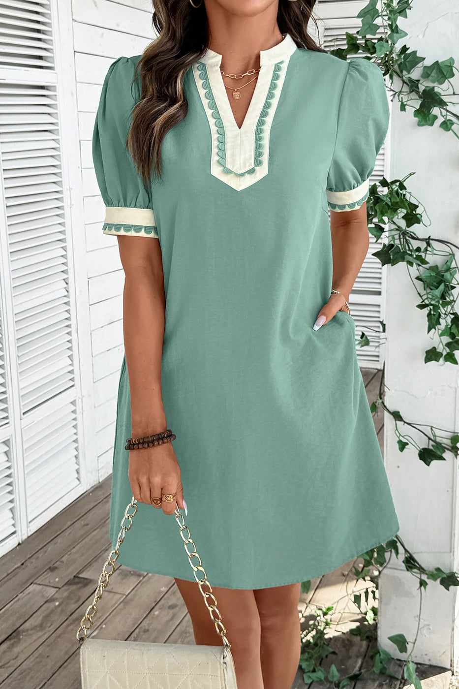 Scallop Color Block Trim Puff Sleeve Mini Dress