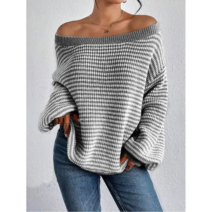Drop Shoulders Round Neck Striped Pullover Sweater