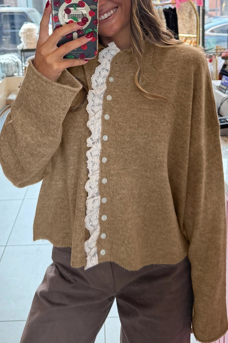 Contrast Frilled Lace Trim Loose Cardigan Sweater