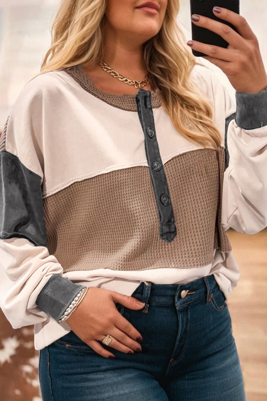 Waffle Patchwork Knit Top