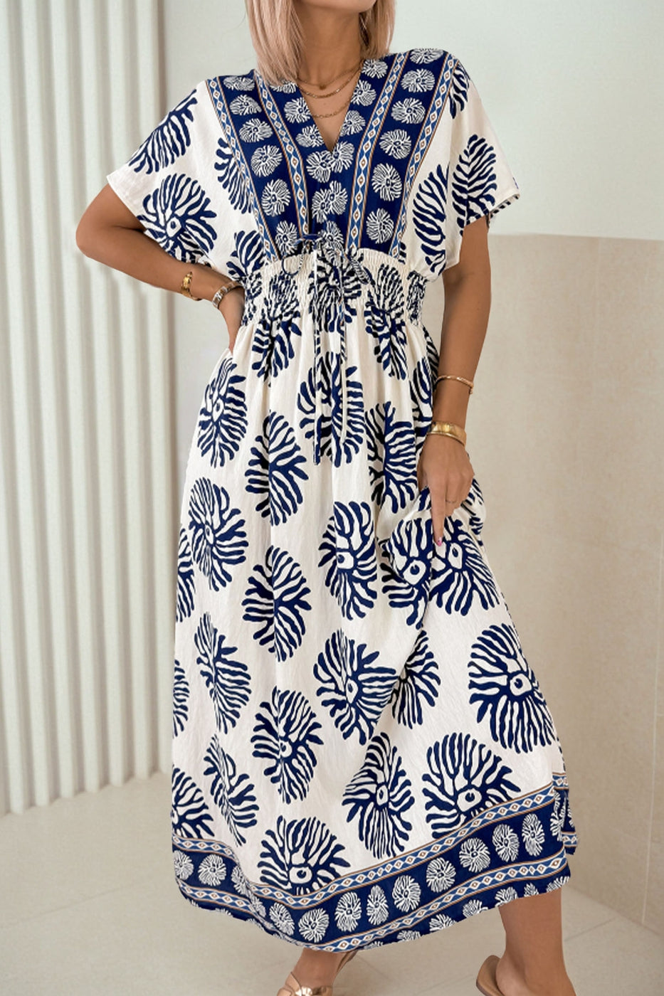 Boho Floral Print Contrast Patchwork V Neck Dolman Maxi