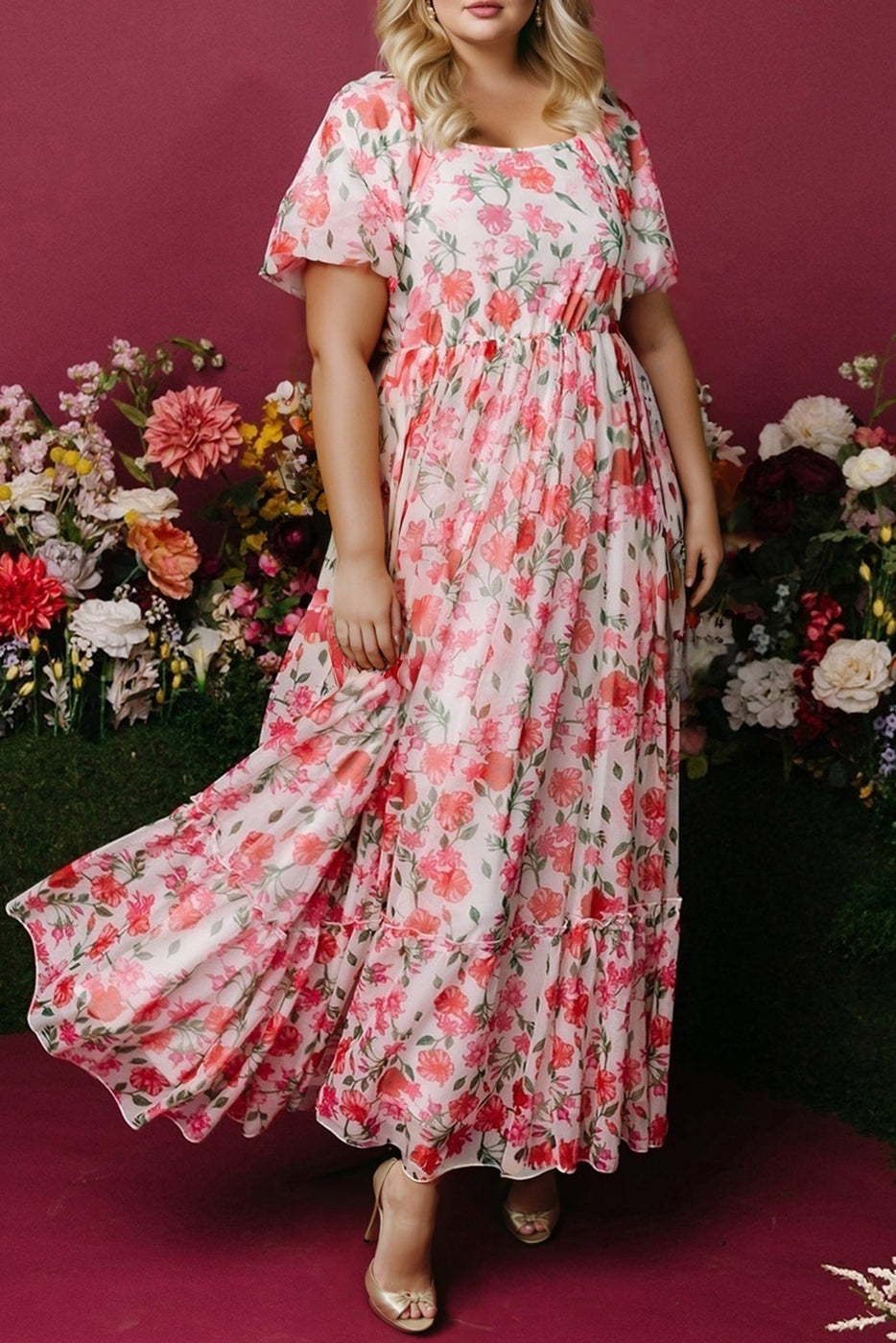Plus Size Floral Square Neck Puff Sleeve Ruffle Dress