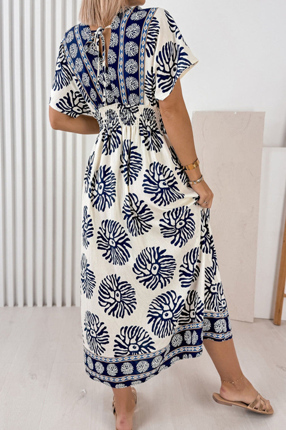Boho Floral Print Contrast Patchwork V Neck Dolman Maxi