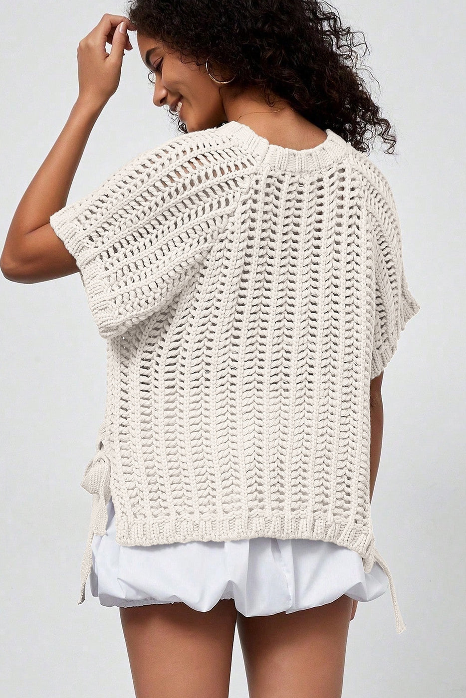 Open Knit Bow Tie Short Sleeve Sweater