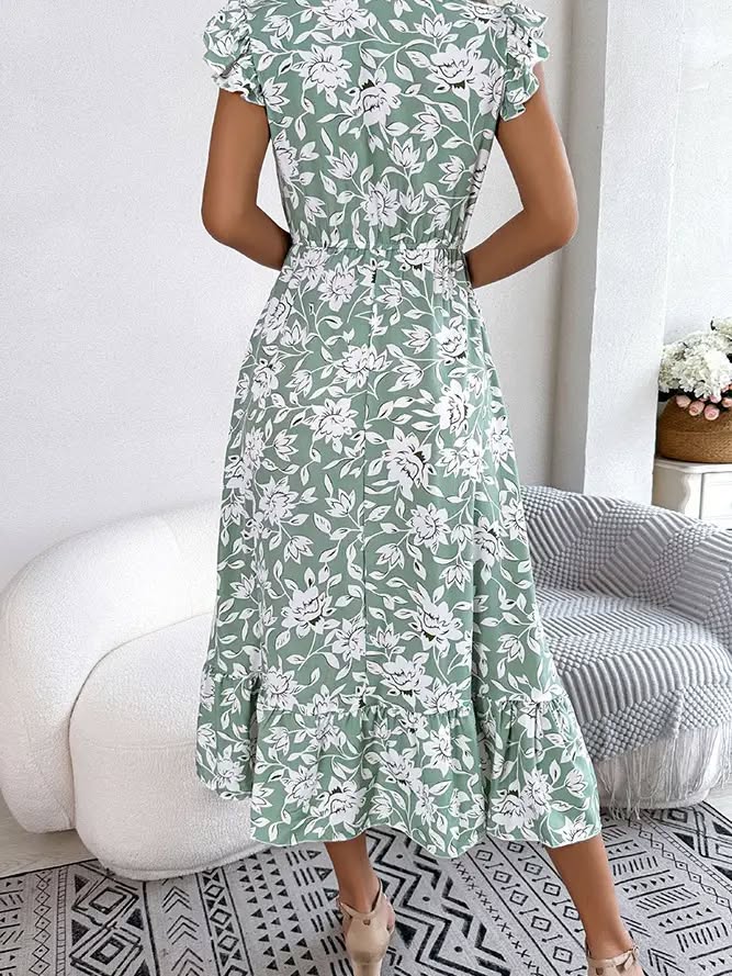 V Neck Flutter Sleeves Maxi Floral Dress