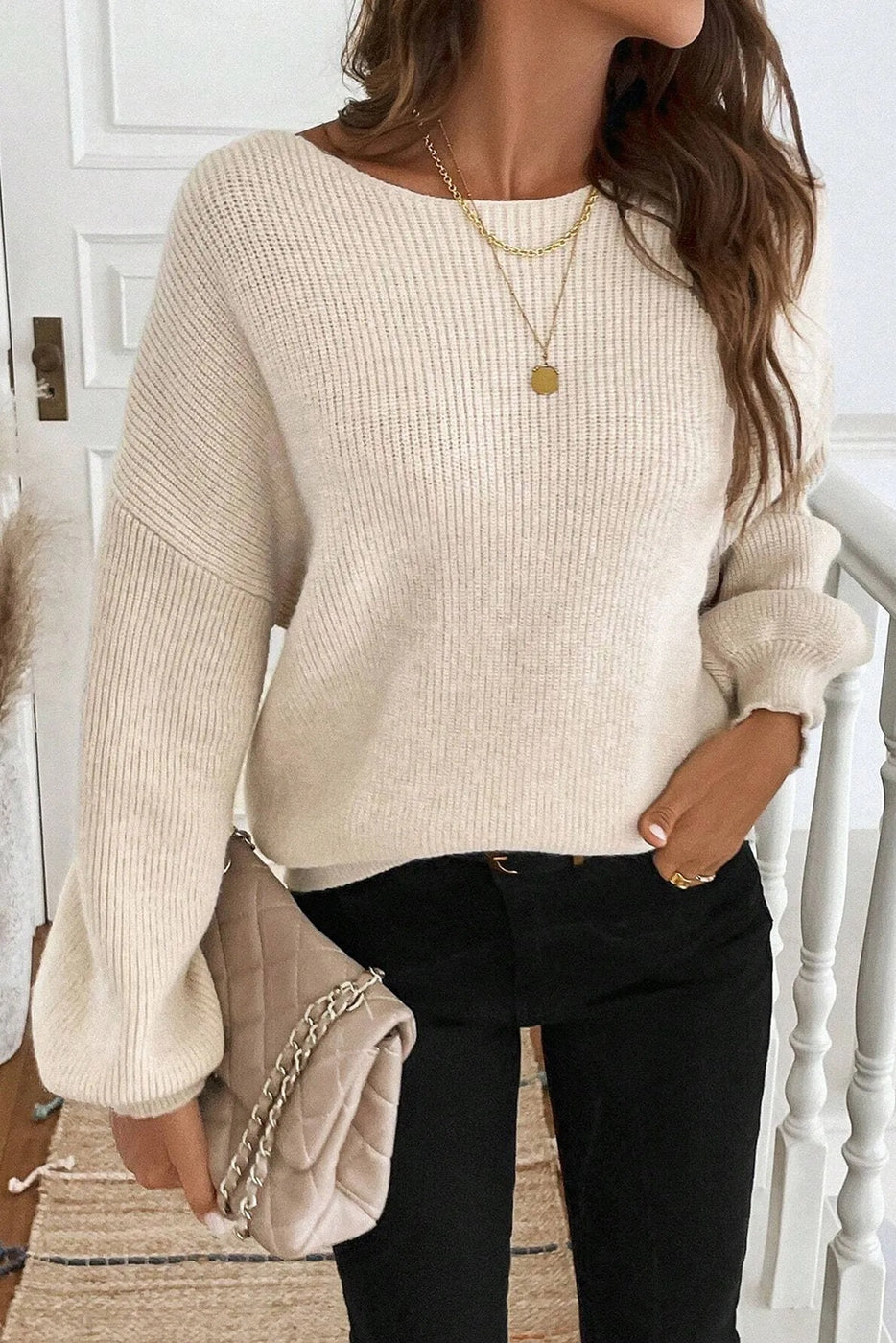 Ribbed Knit Ribbon Knot Backless Drop Shoulder Sweater